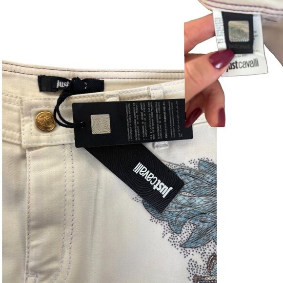 JUST CAVALLI Y2K STYLE SEQUINED FLORAL WHITE MINI JEAN SKIRT SMALL 26"‎ NWT $490 - Picture 5 of 5